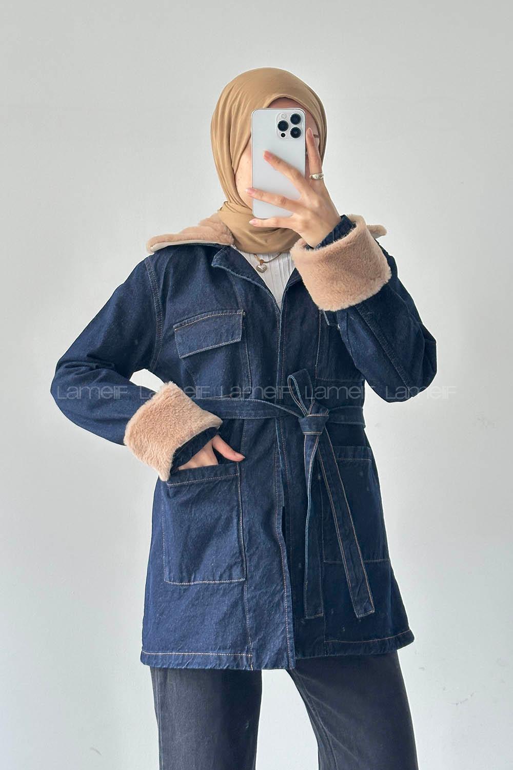Lamelif Kürklü Denim Mont Koyu Mavi
