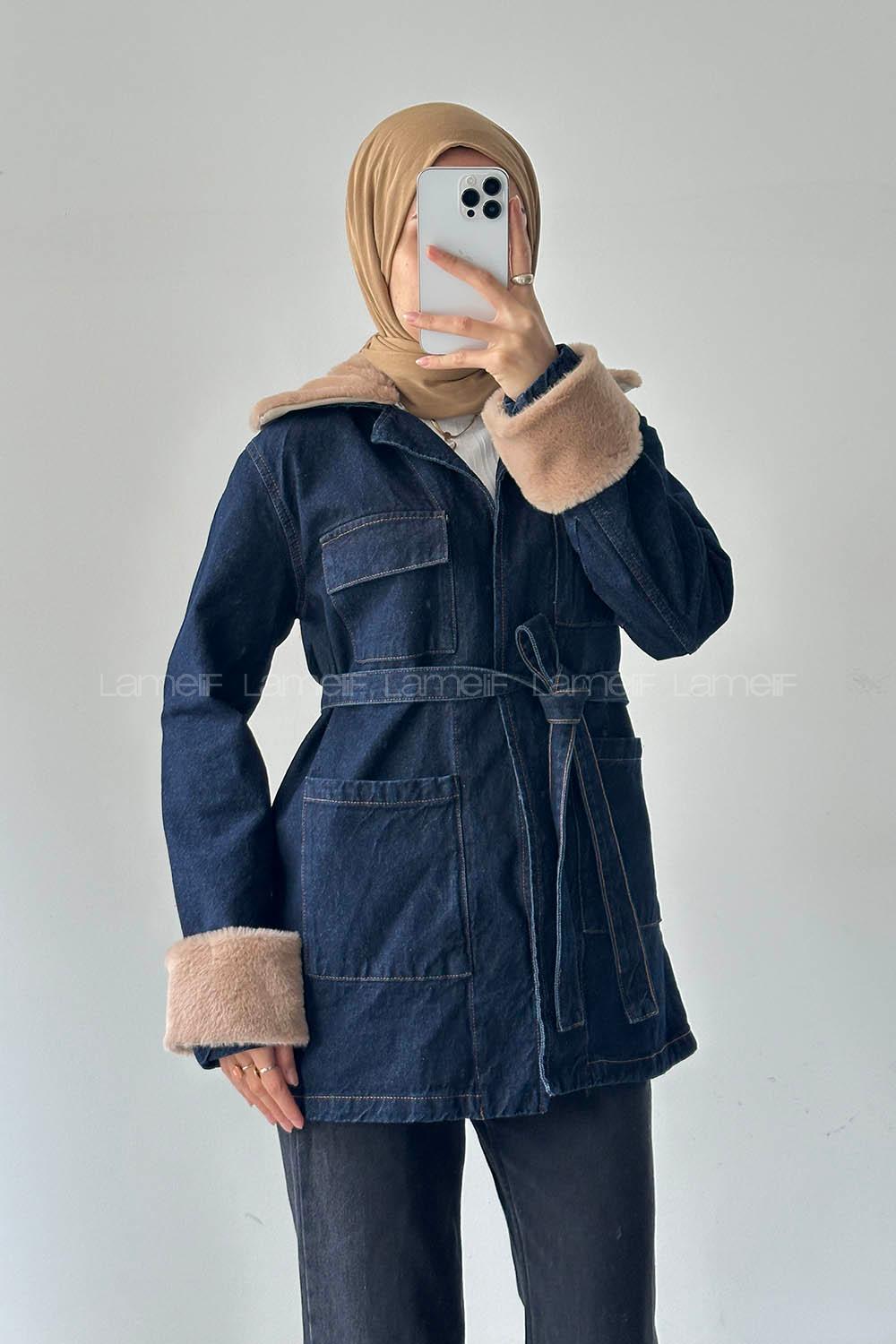 Lamelif Kürklü Denim Mont Koyu Mavi
