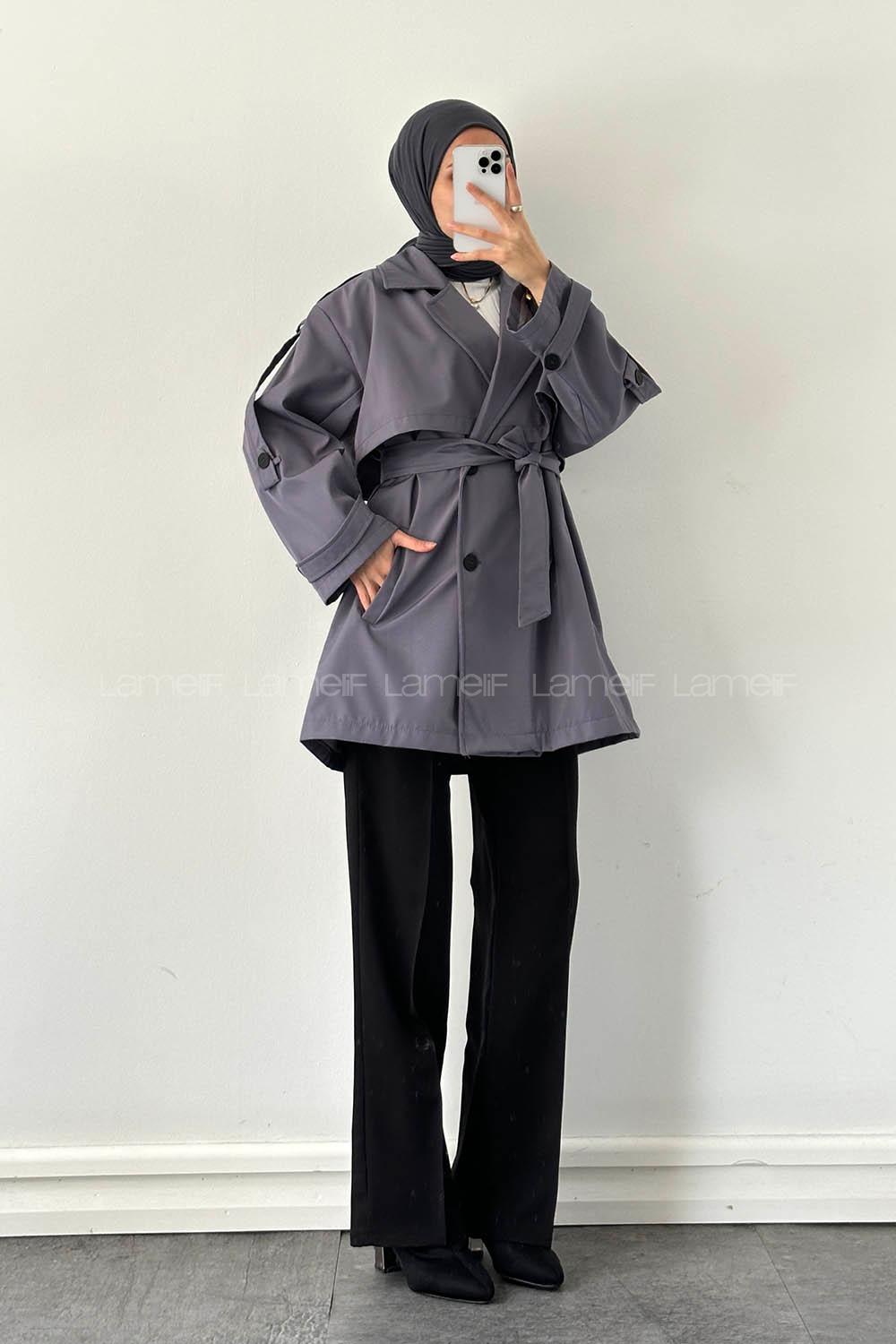 Lamelif Omuz Apoletli Trençkot Gri