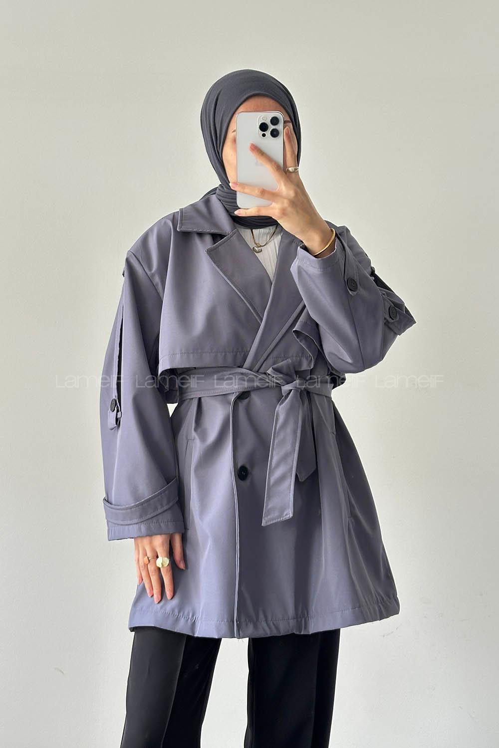 Lamelif Omuz Apoletli Trençkot Gri