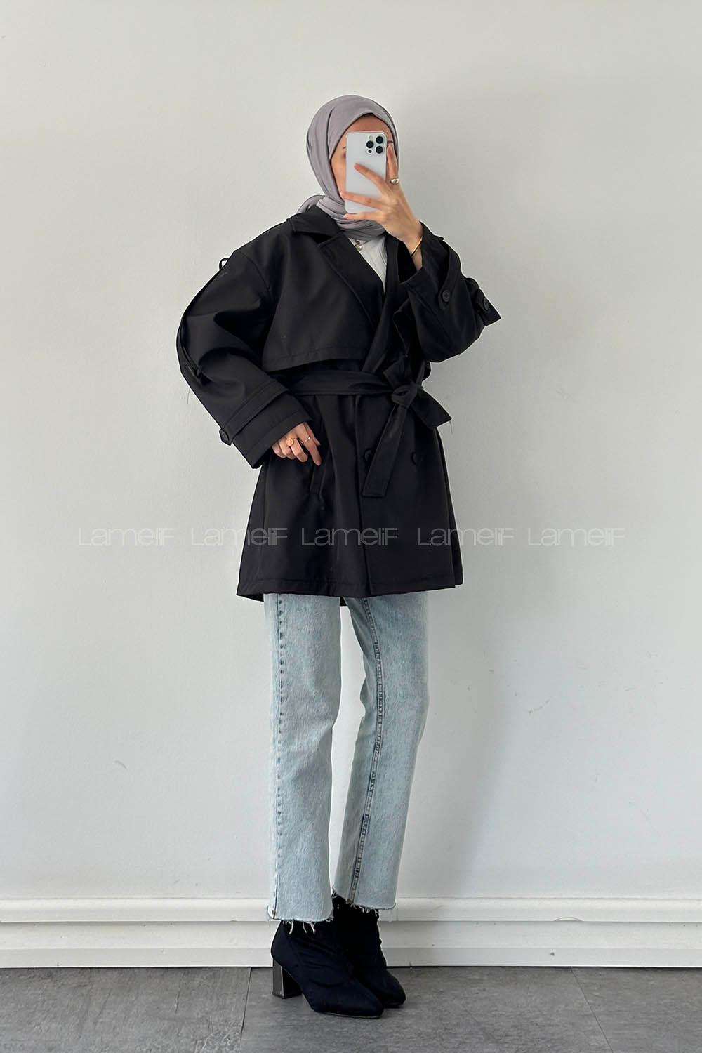 Lamelif Omuz Apoletli Trençkot Siyah