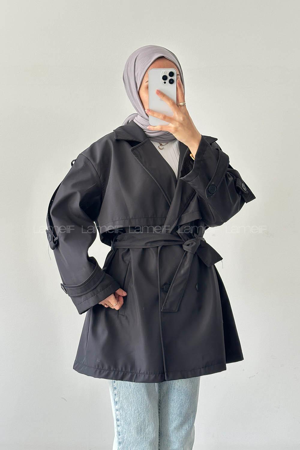 Lamelif Omuz Apoletli Trençkot Siyah