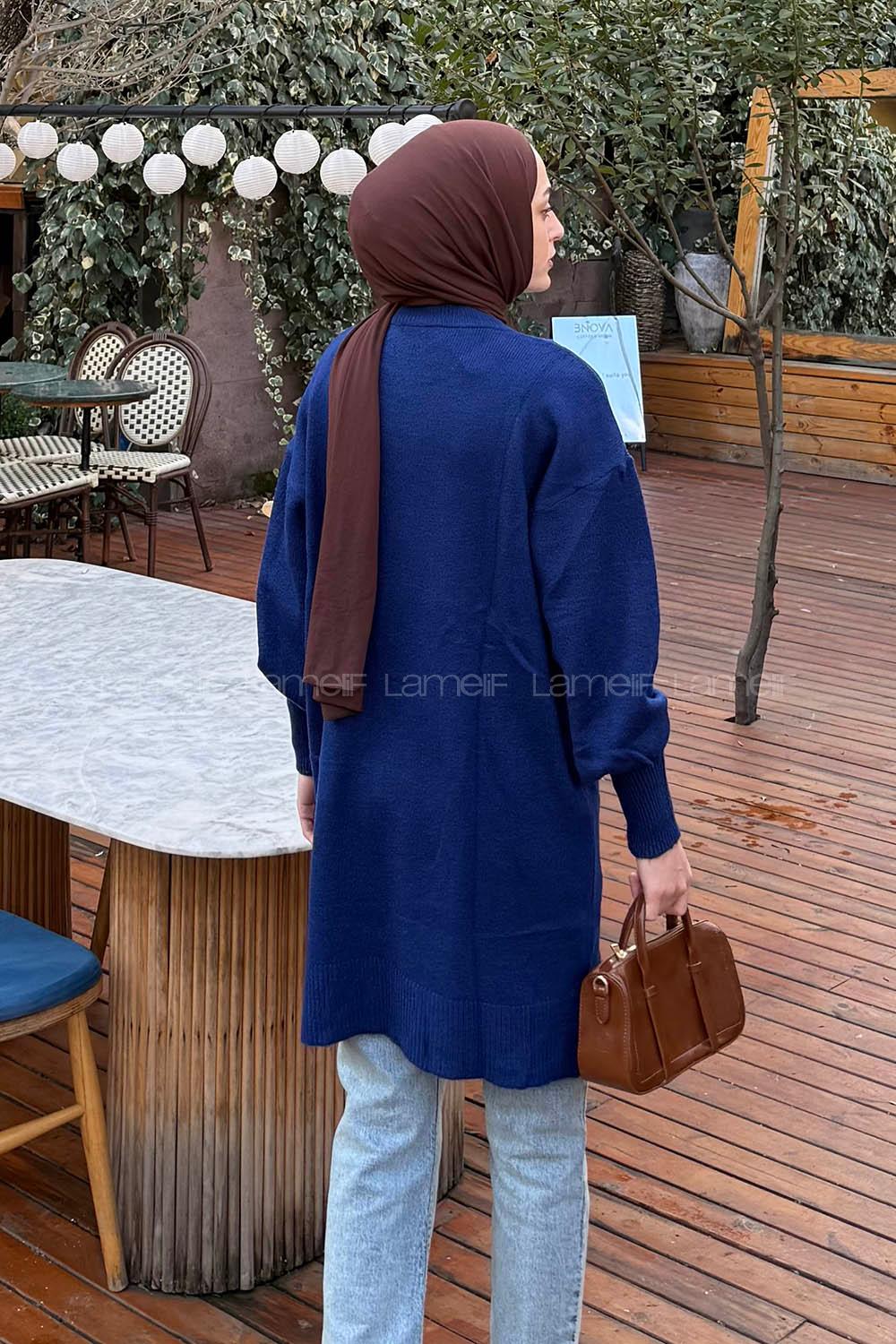 Lamelif Örgü Desen Uzun Kazak Lacivert