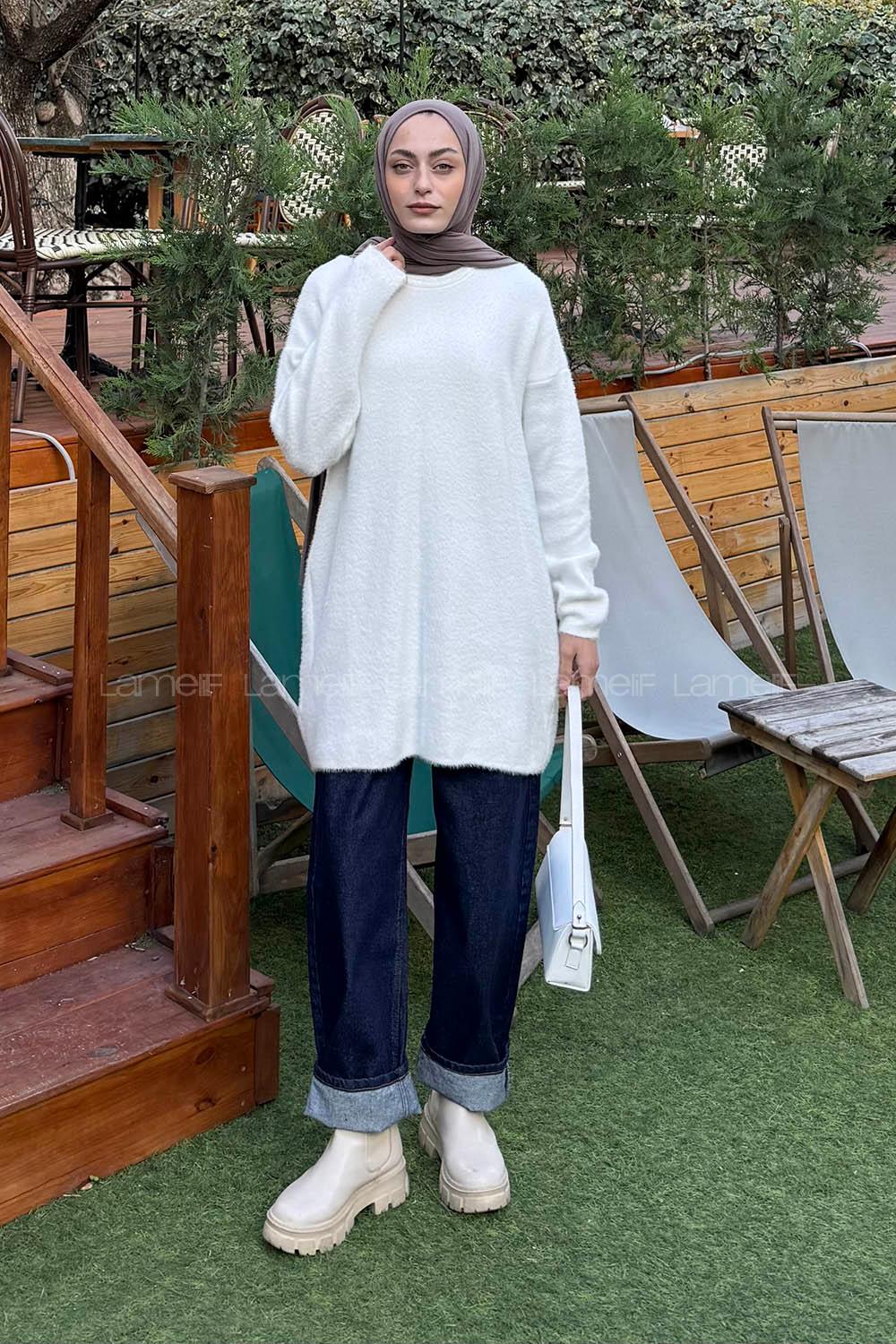 Lamelif Sakal Kumaş Kazak Beyaz