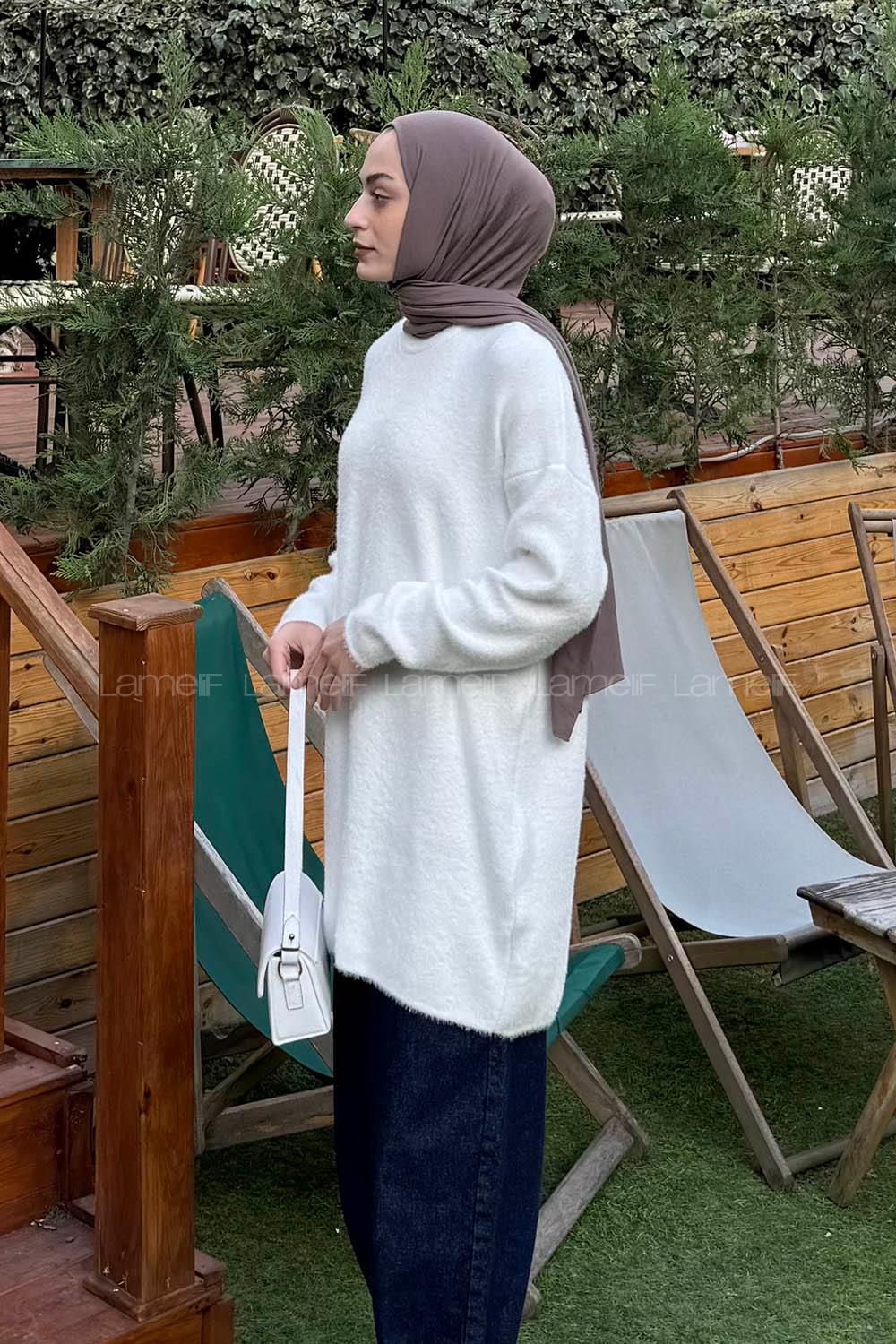 Lamelif Sakal Kumaş Kazak Beyaz