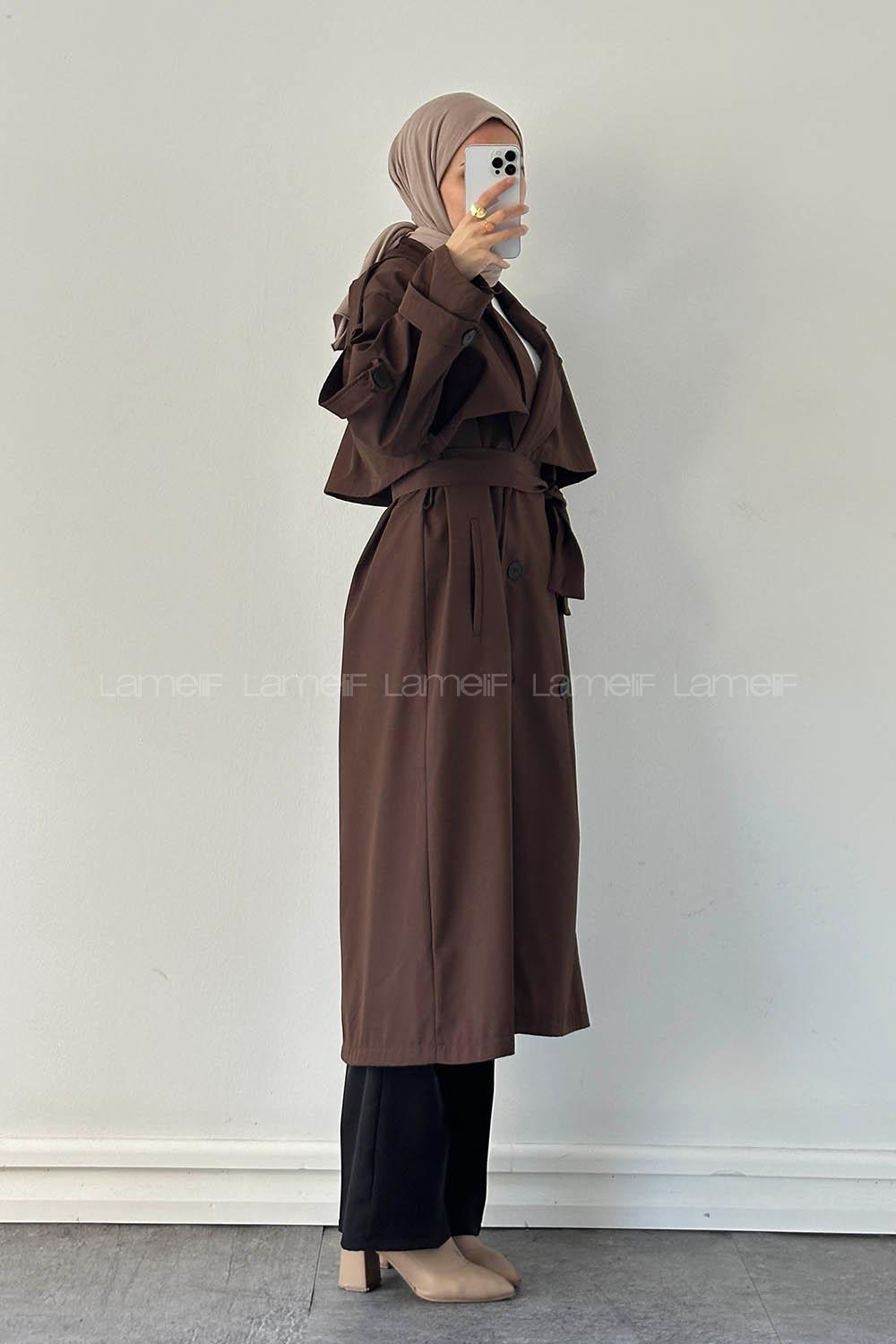 Lamelif Uzun Apoletli Oversize Trenç Kahverengi