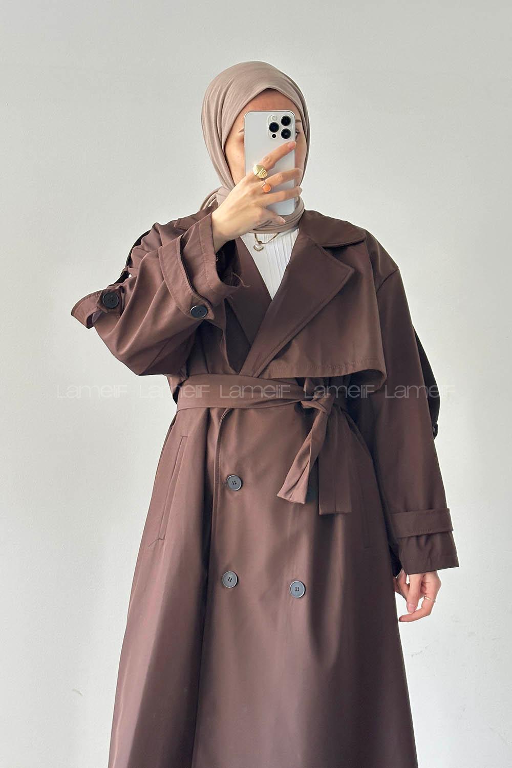 Lamelif Uzun Apoletli Oversize Trenç Kahverengi