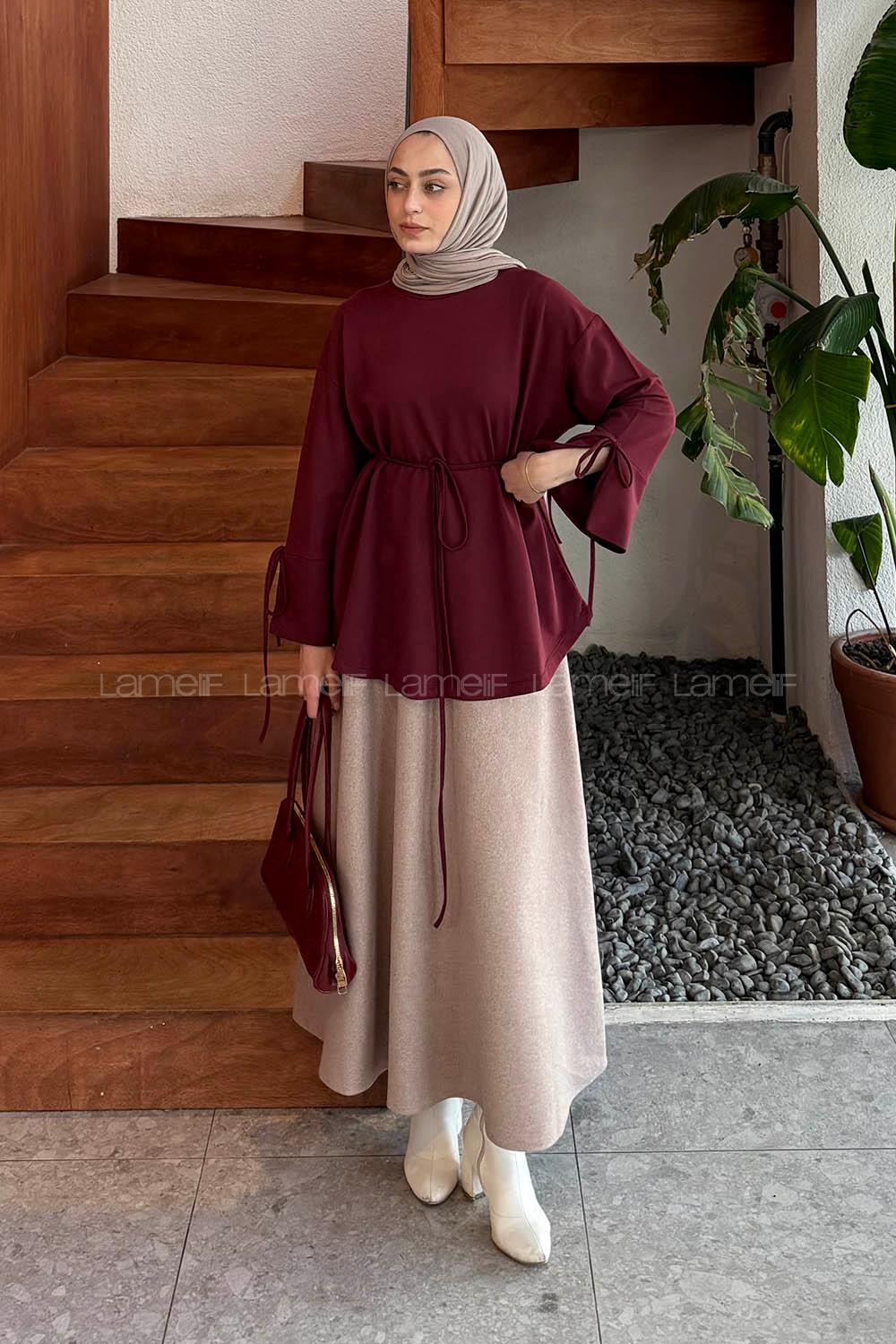 Lamelif Kol Biyeli Sweat Bordo