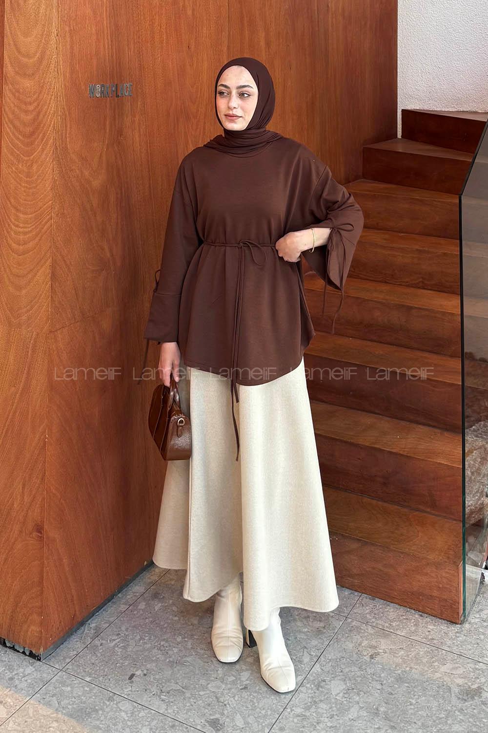 Lamelif Kol Biyeli Sweat Kahverengi