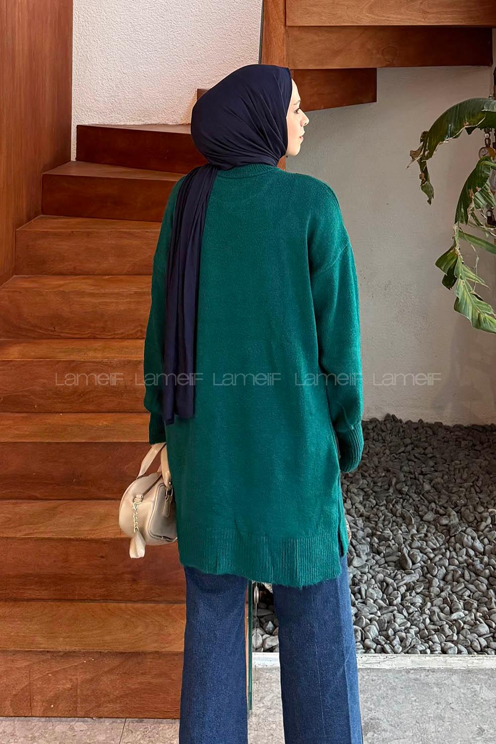 Lamelif Nakış Detaylı Triko Kazak Zümrüt