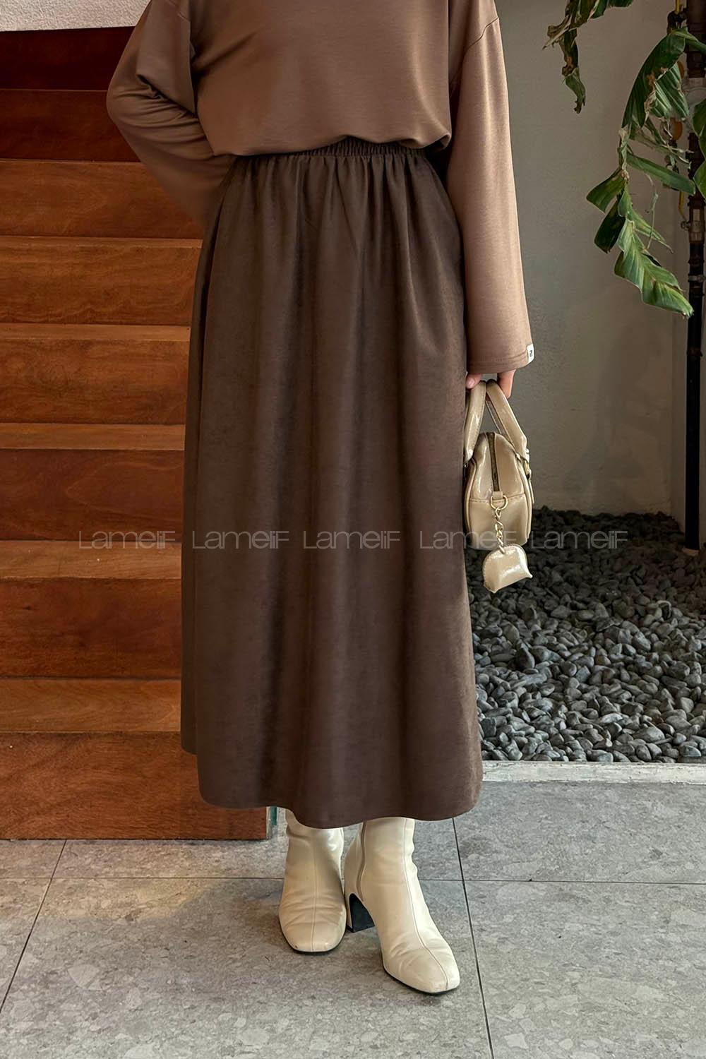 Lamelif Tesettür Süet Etek Kahverengi