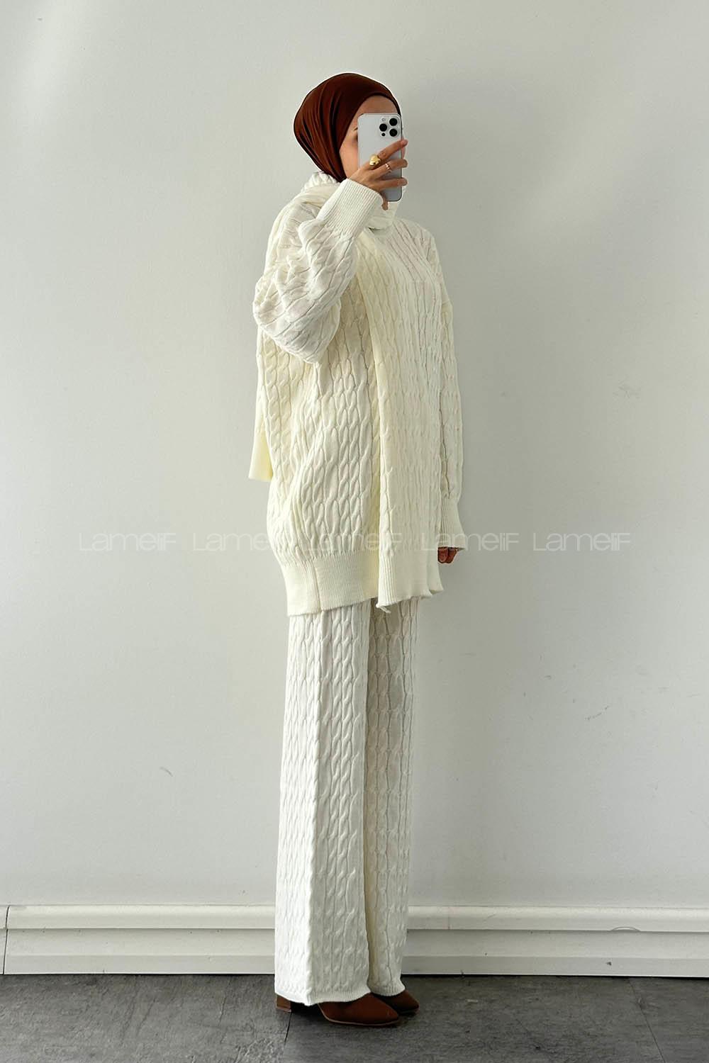 Lamelif Atkılı Örülü Tesettür Takım Krem