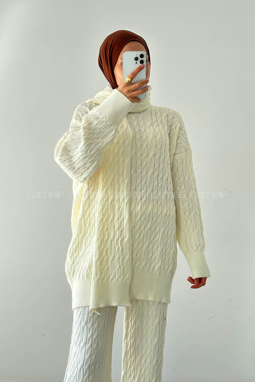 Lamelif Atkılı Örülü Tesettür Takım Krem