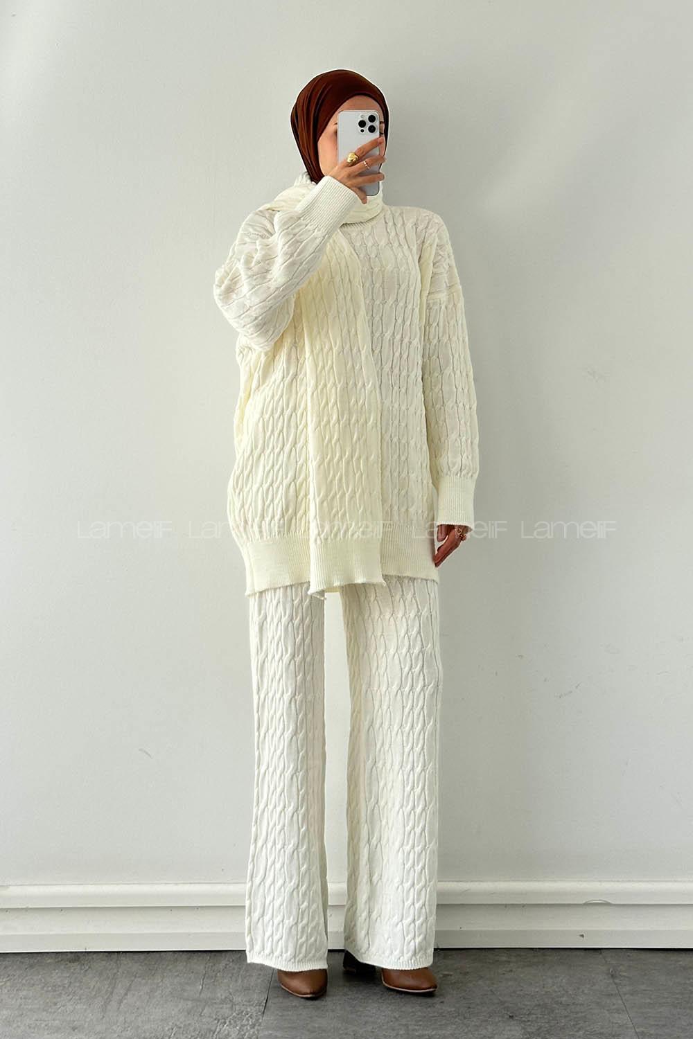 Lamelif Atkılı Örülü Tesettür Takım Krem