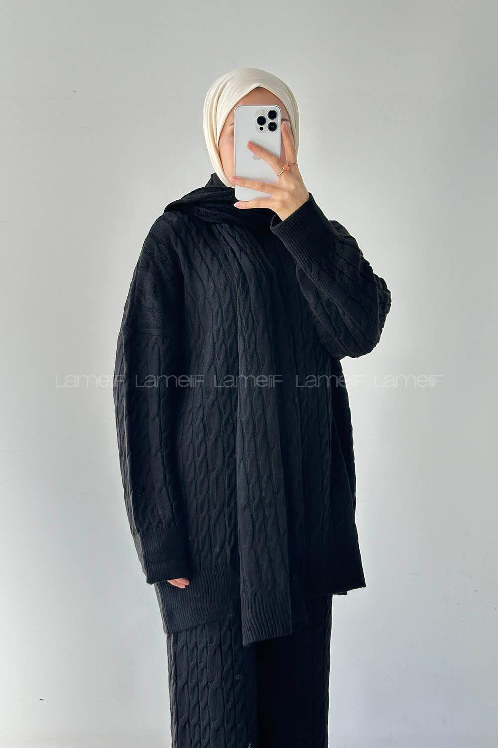 Lamelif Atkılı Örülü Tesettür Takım Siyah