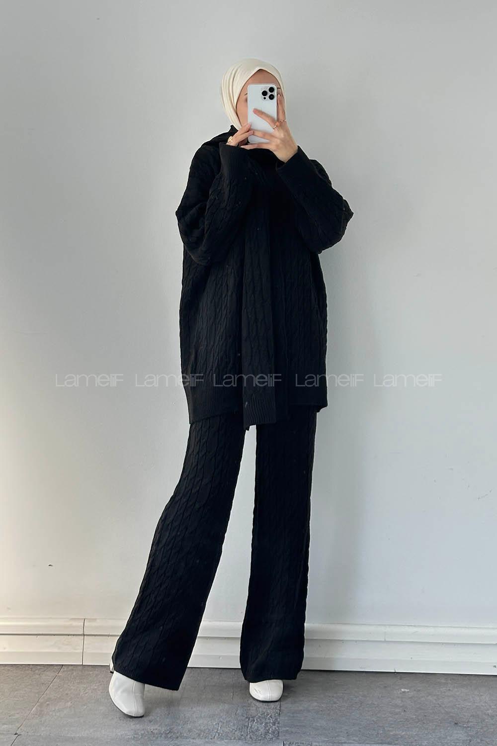 Lamelif Atkılı Örülü Tesettür Takım Siyah