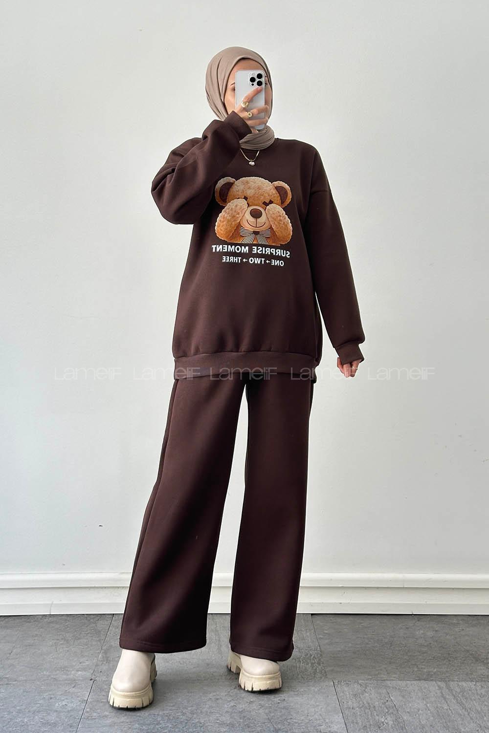 Lamelif Ayıcık Baskılı İkili Takım Acı Kahve