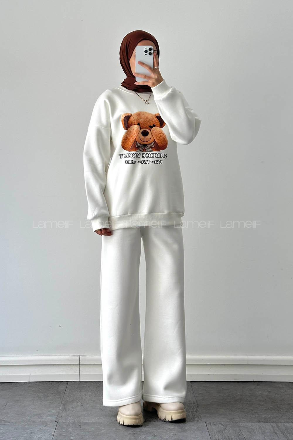 Lamelif Ayıcık Baskılı İkili Takım Beyaz