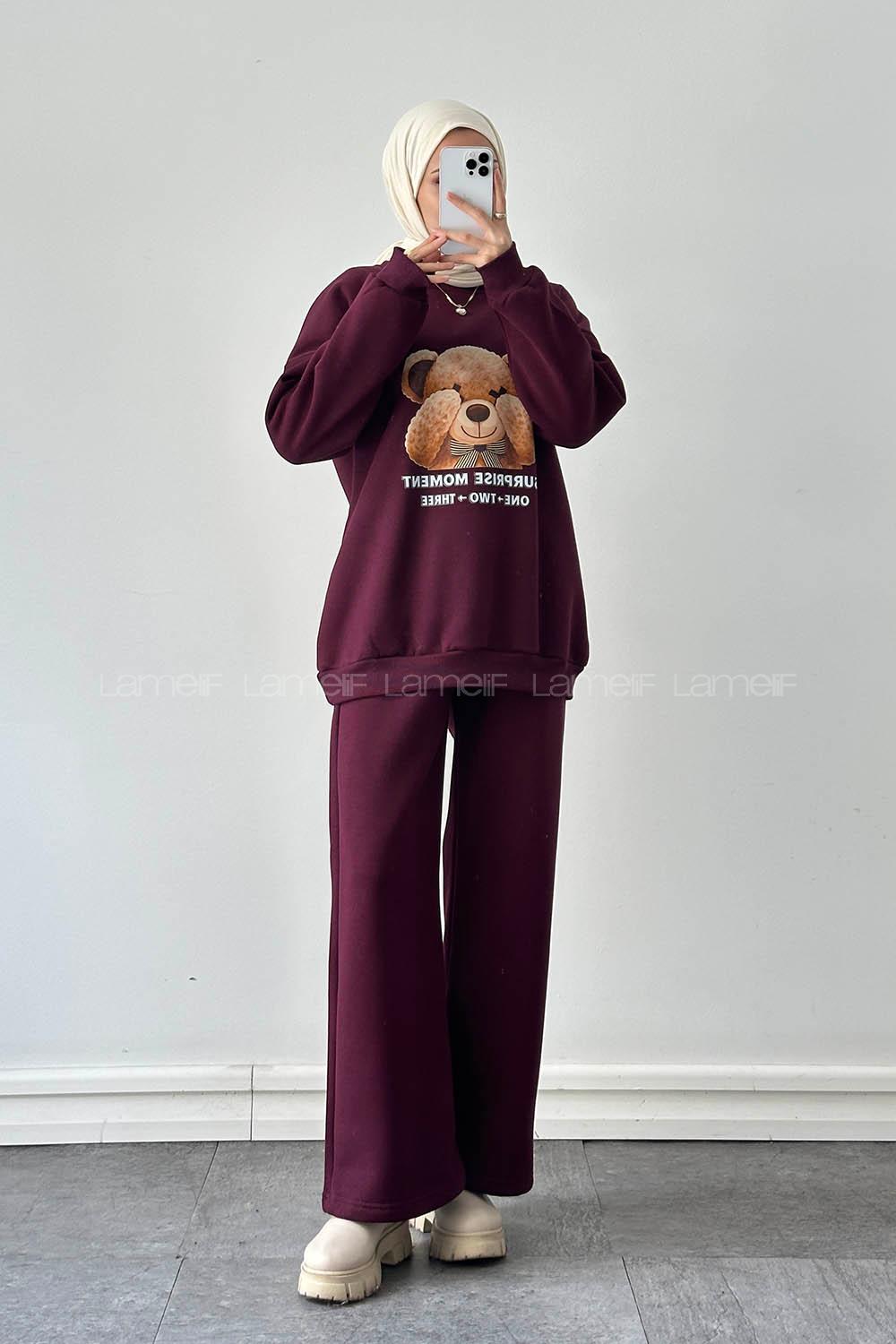 Lamelif Ayıcık Baskılı İkili Takım Mürdüm