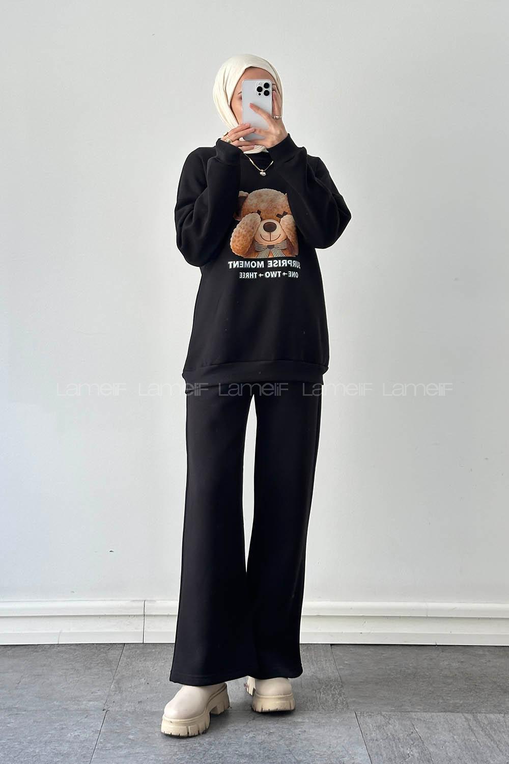 Lamelif Ayıcık Baskılı İkili Takım Siyah