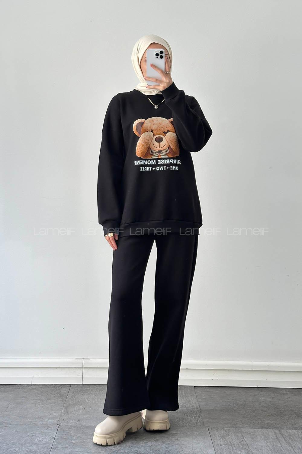 Lamelif Ayıcık Baskılı İkili Takım Siyah