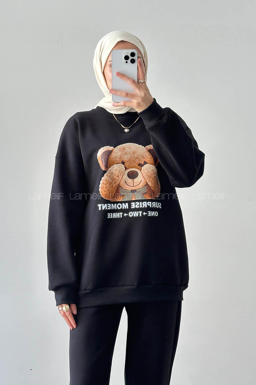 Lamelif Ayıcık Baskılı İkili Takım Siyah