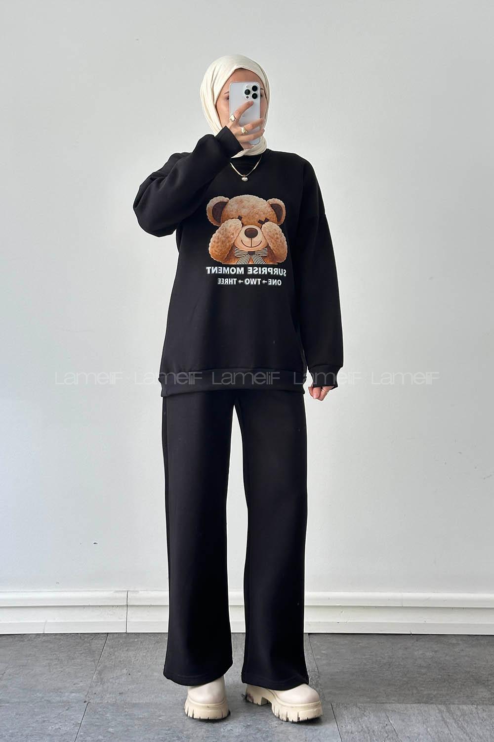 Lamelif Ayıcık Baskılı İkili Takım Siyah