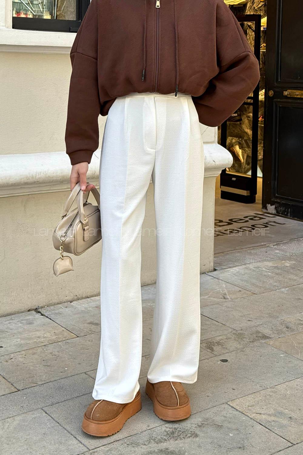 Lamelif Cırt Kapamalı Krep Pantolon Beyaz
