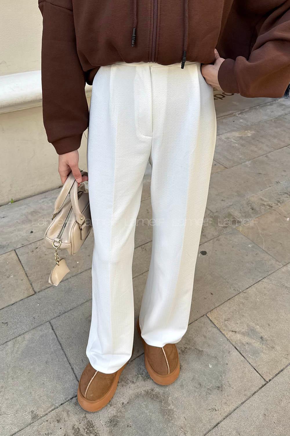 Lamelif Cırt Kapamalı Krep Pantolon Beyaz