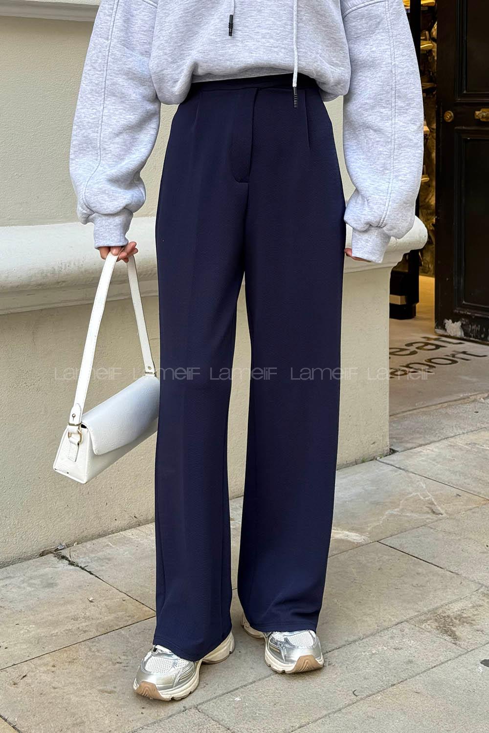 Lamelif Cırt Kapamalı Krep Pantolon Lacivert