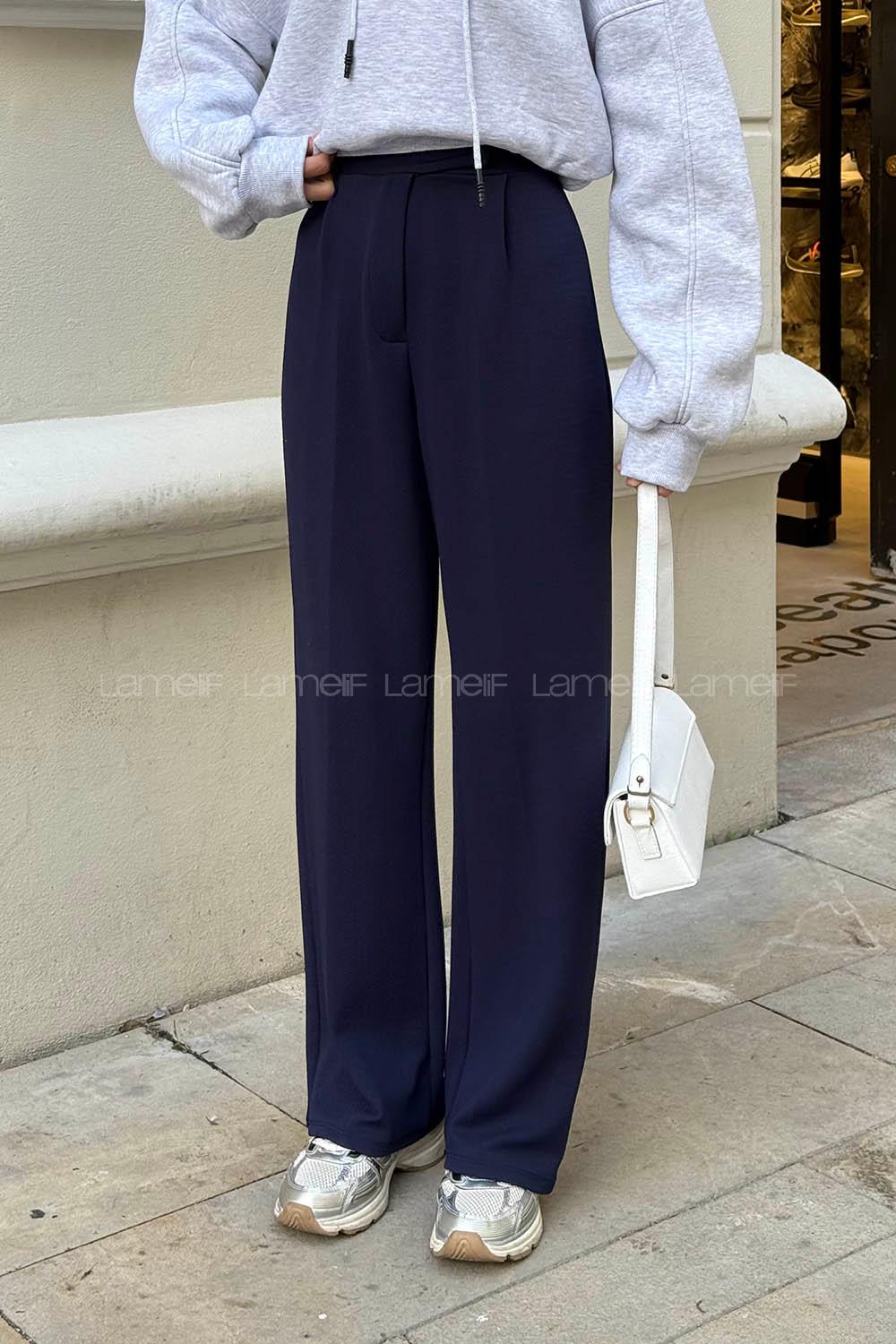 Lamelif Cırt Kapamalı Krep Pantolon Lacivert