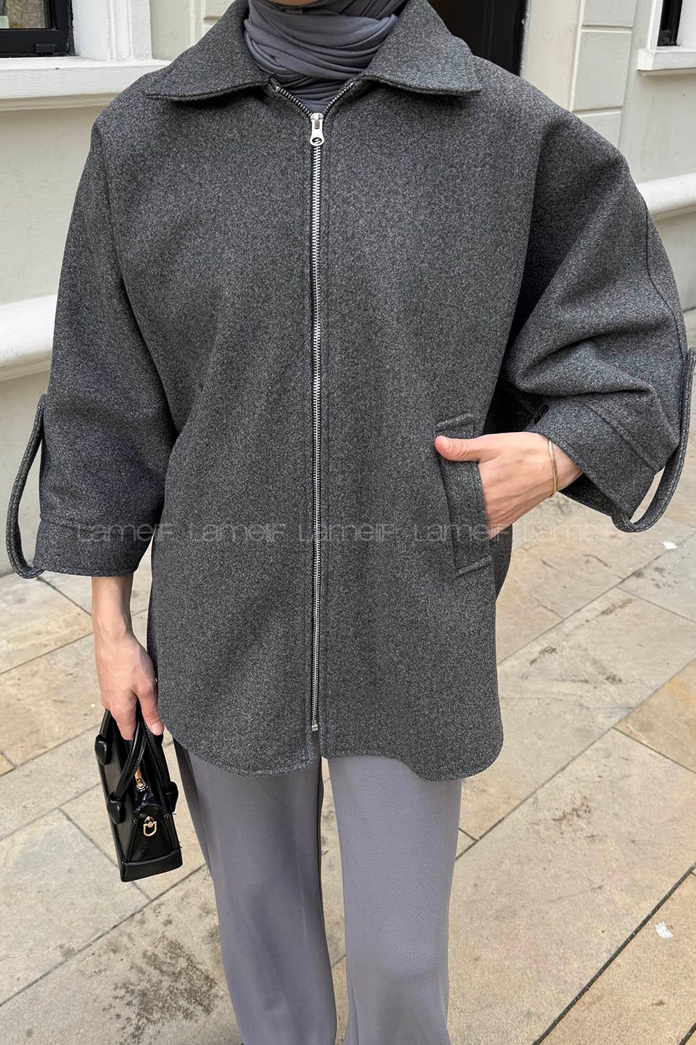 Lamelif Fermuarlı Kaşe Kaban Antrasit