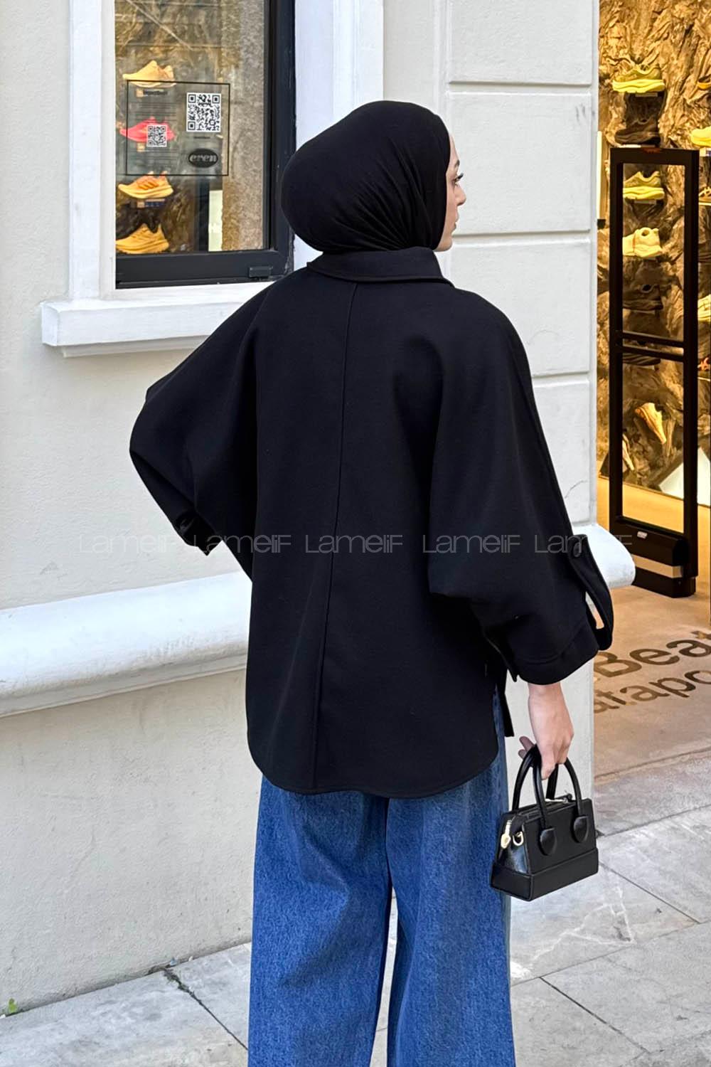 Black Shirt Collar Long Arm Coat