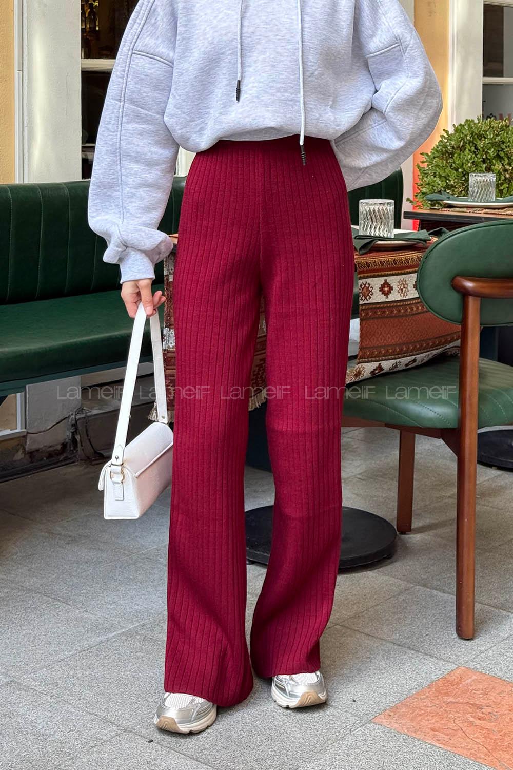 Lamelif Fitilli Triko Pantolon Bordo