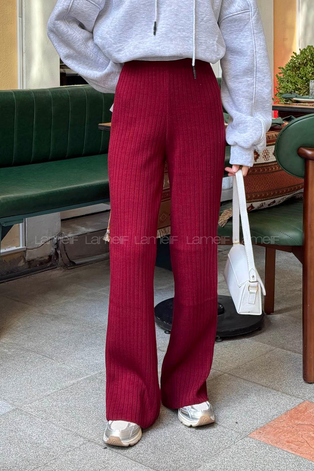 Lamelif Fitilli Triko Pantolon Bordo