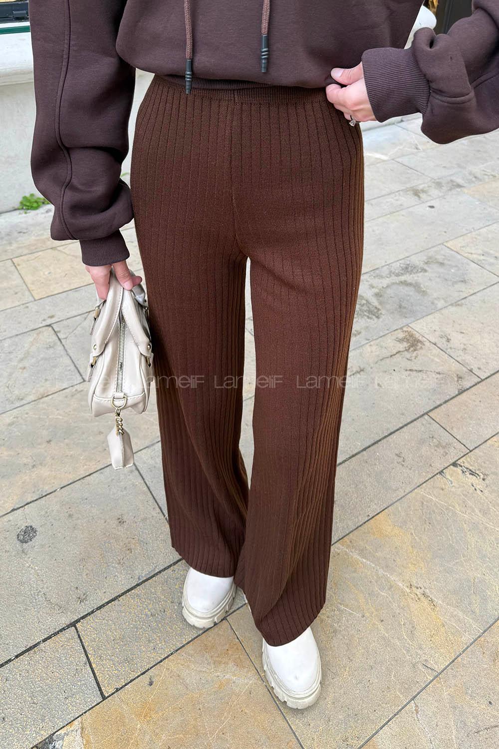 Lamelif Fitilli Triko Pantolon Kahverengi
