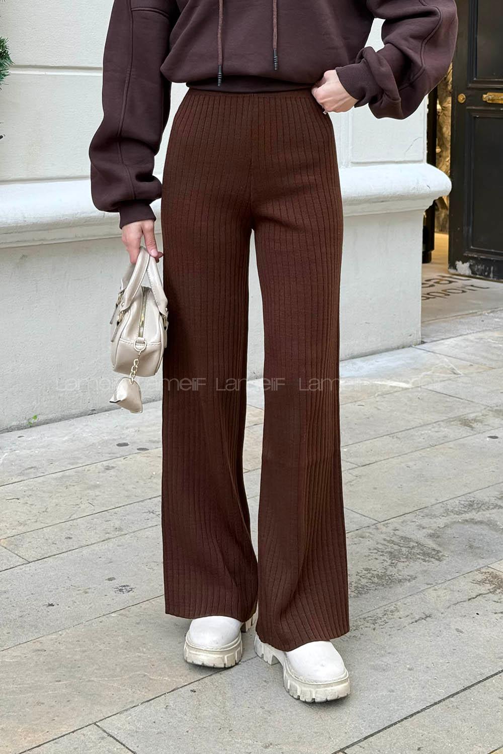 Lamelif Fitilli Triko Pantolon Kahverengi