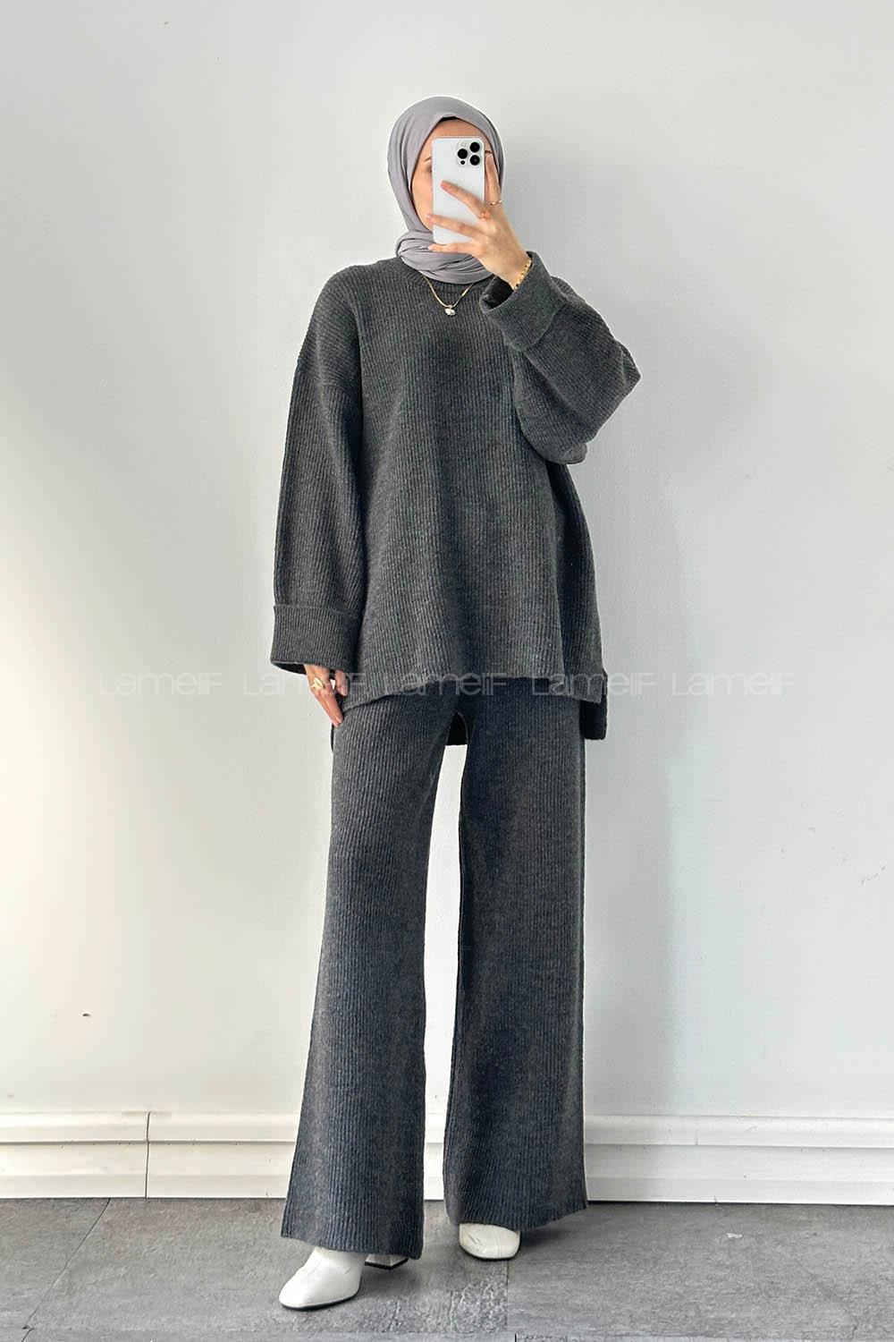 Anthracite Crew Neck Long Arm Acrylic Polyester Regular Trousers Comfortable Suit