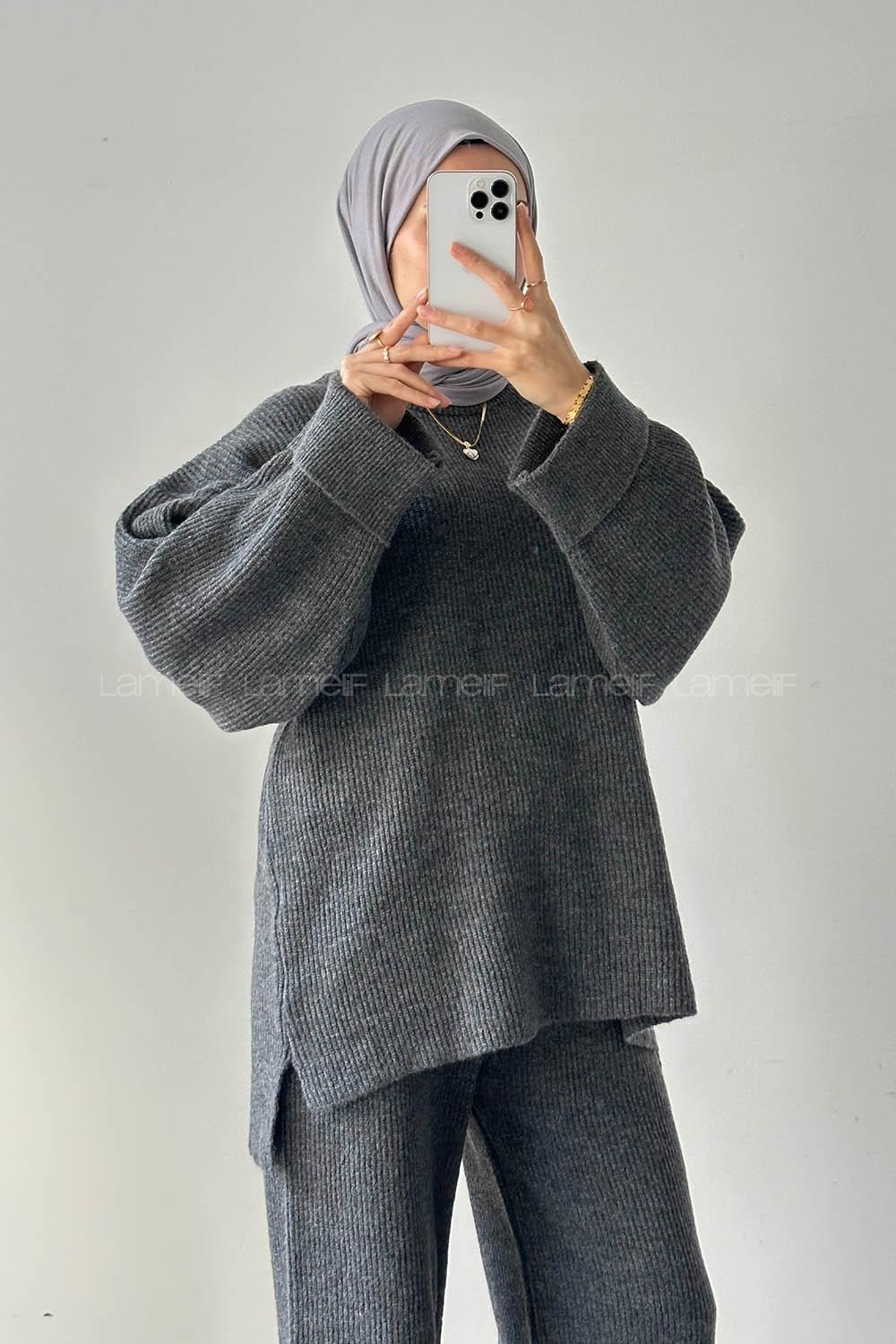 Anthracite Crew Neck Long Arm Acrylic Polyester Regular Trousers Comfortable Suit