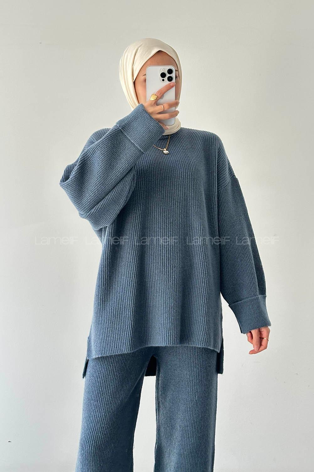 Lamelif Fitilli Triko Takım İndigo