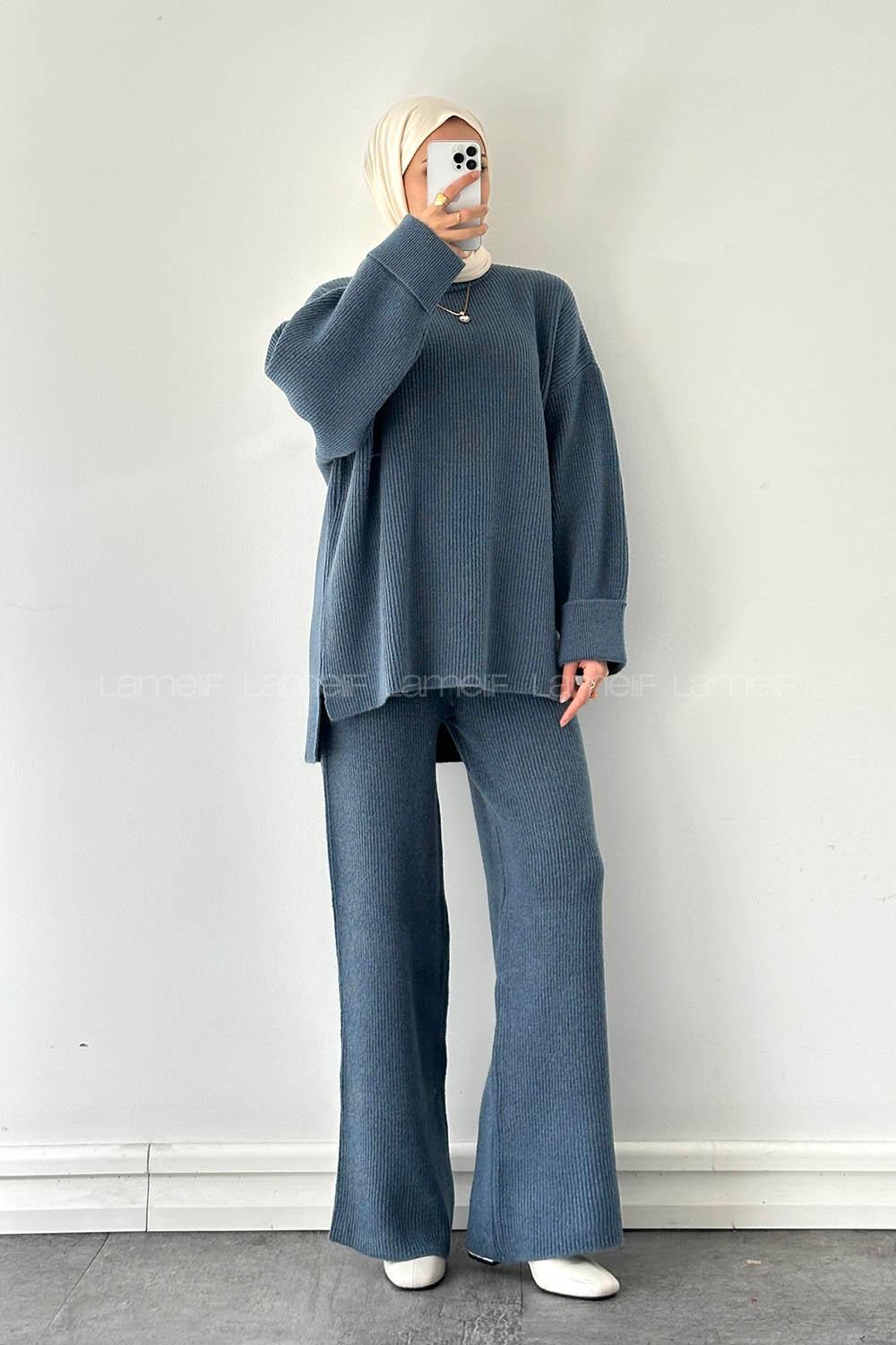 Lamelif Fitilli Triko Takım İndigo