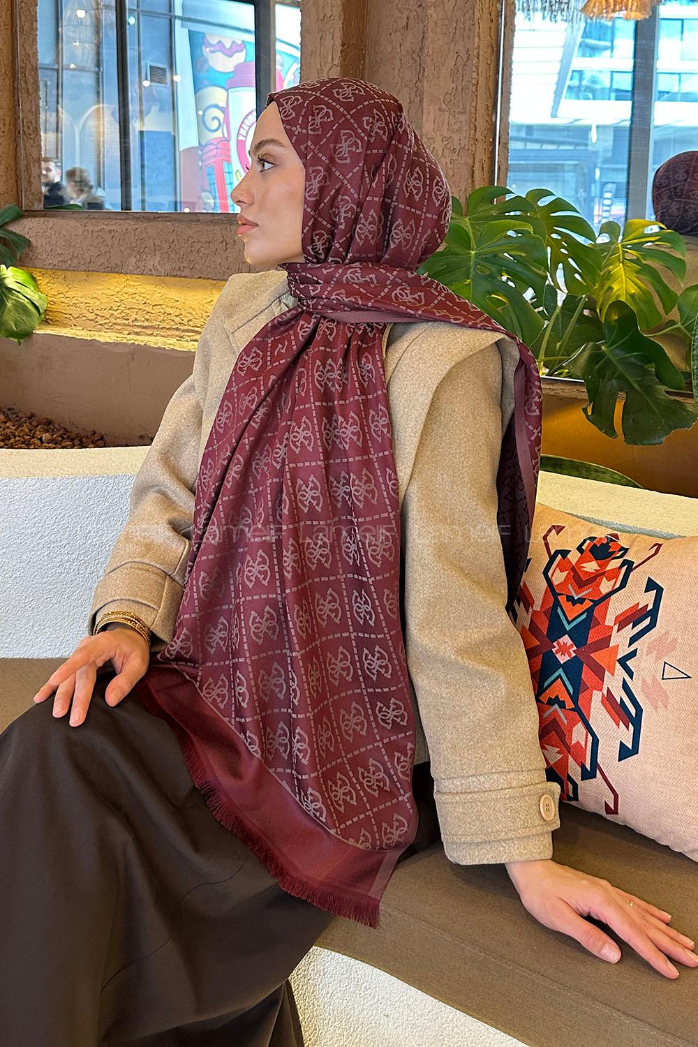Lamelif Guess Desen Kaşmir Çift Taraflı Şal Bordo