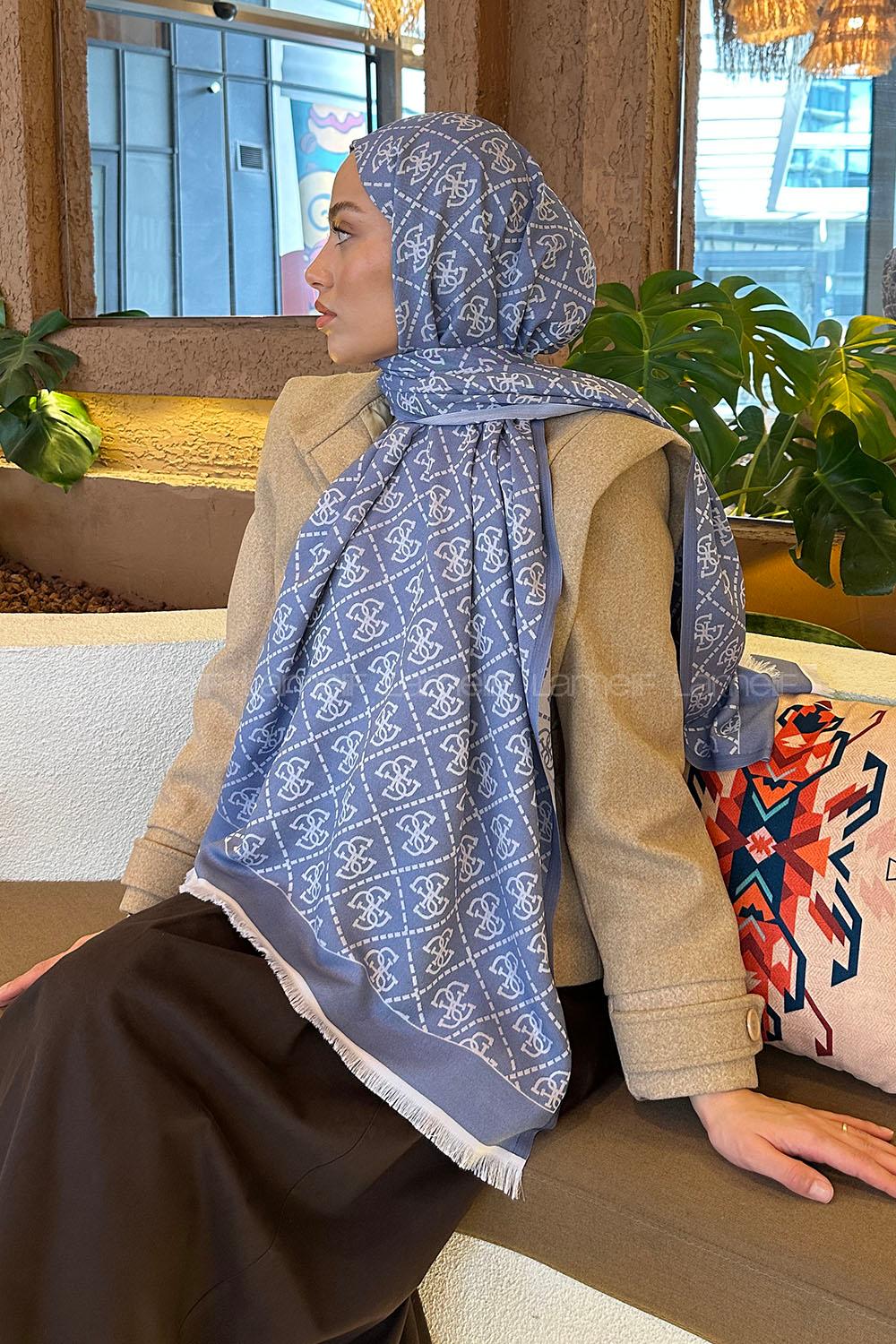 Lamelif Guess Desen Kaşmir Çift Taraflı Şal Kot Mavi Gümüş