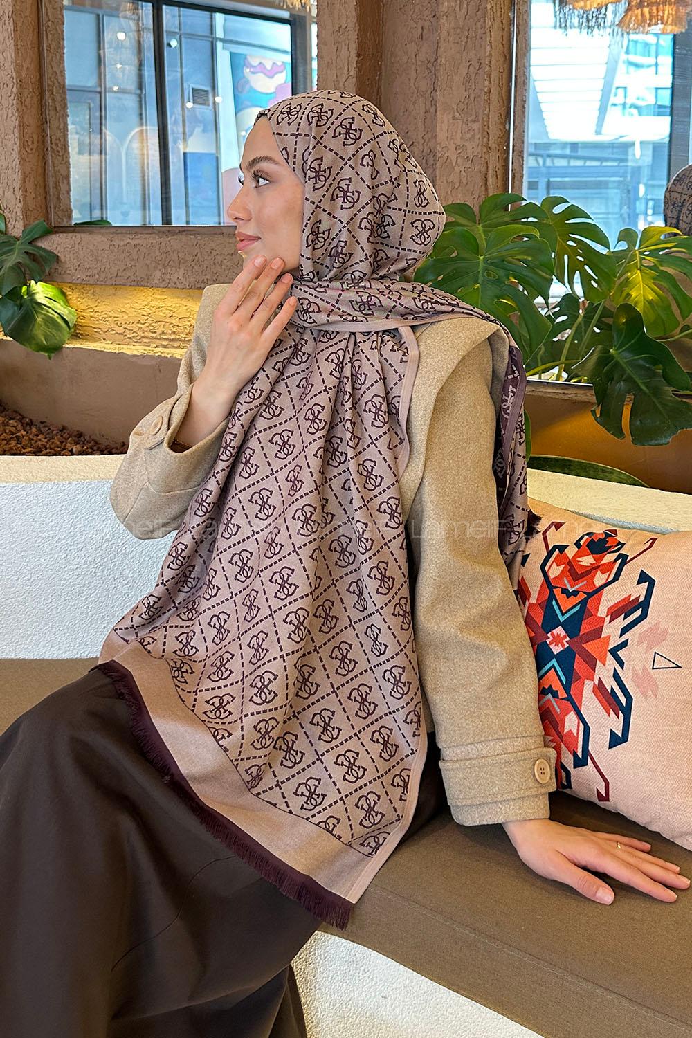 Lamelif Guess Desen Kaşmir Çift Taraflı Şal Mürdüm