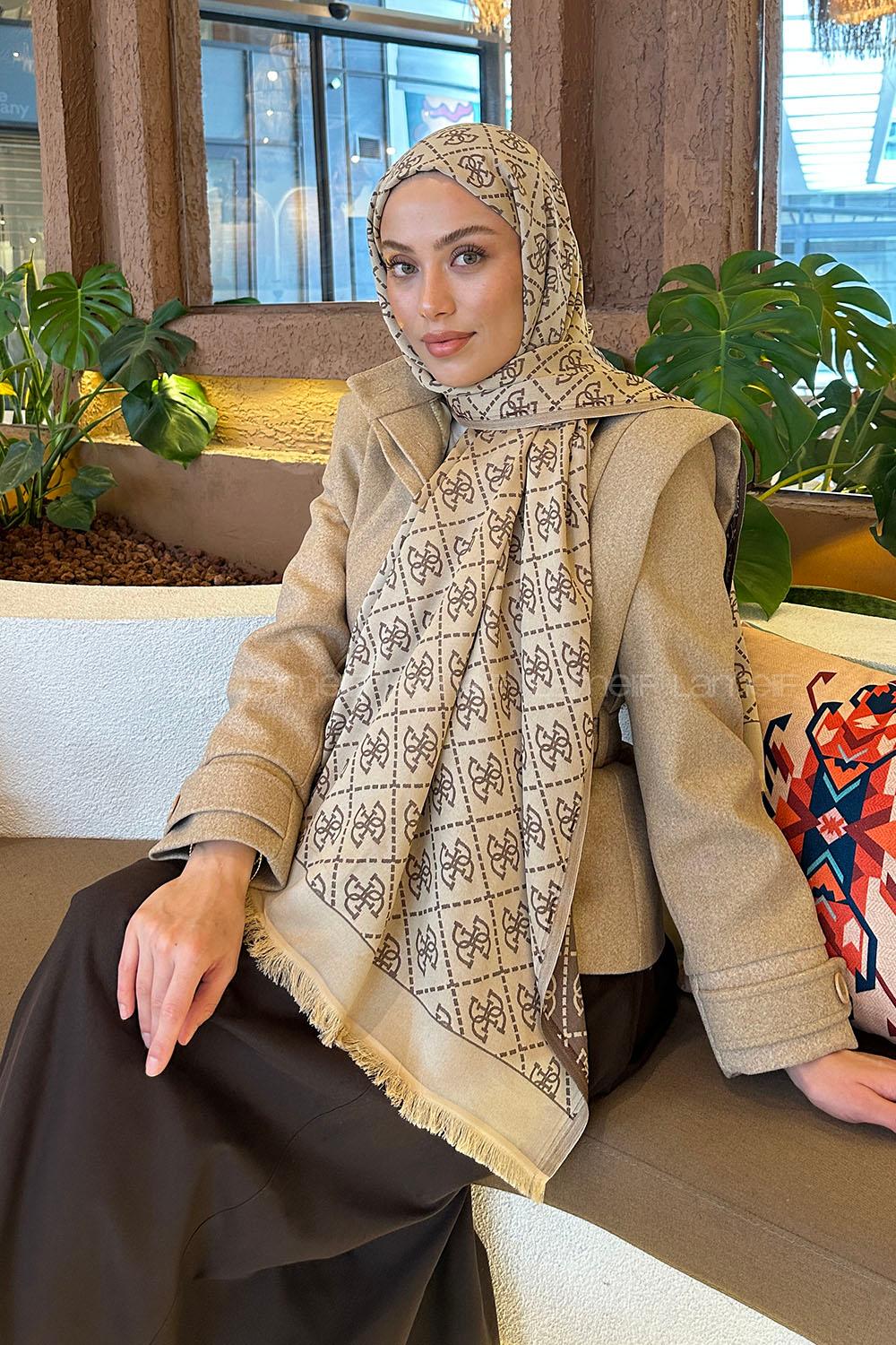 Lamelif Guess Desen Kaşmir Çift Taraflı Şal Soft Kahve