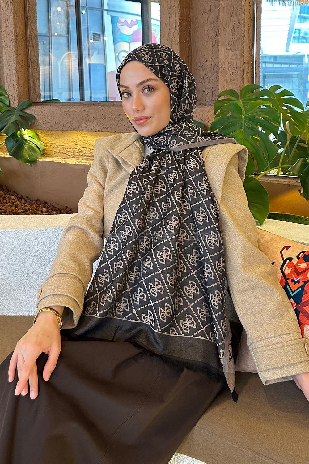 Lamelif Guess Desen Kaşmir Çift Taraflı Şal Vizon Antrasit