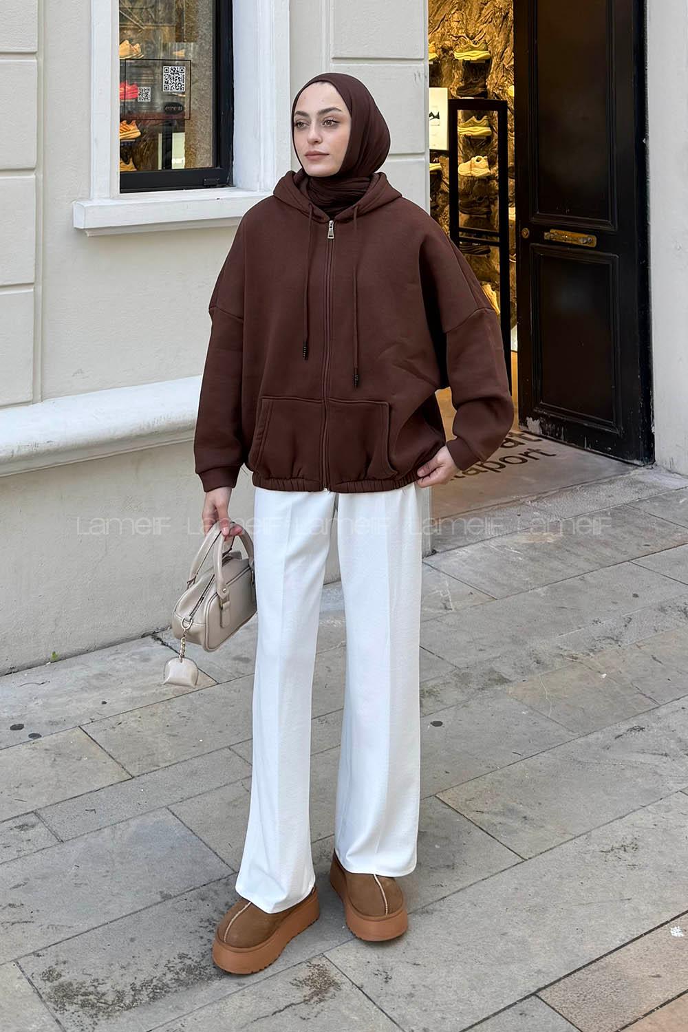 Lamelif Kanguru Cep Fermuarlı Sweatshirt Kahverengi