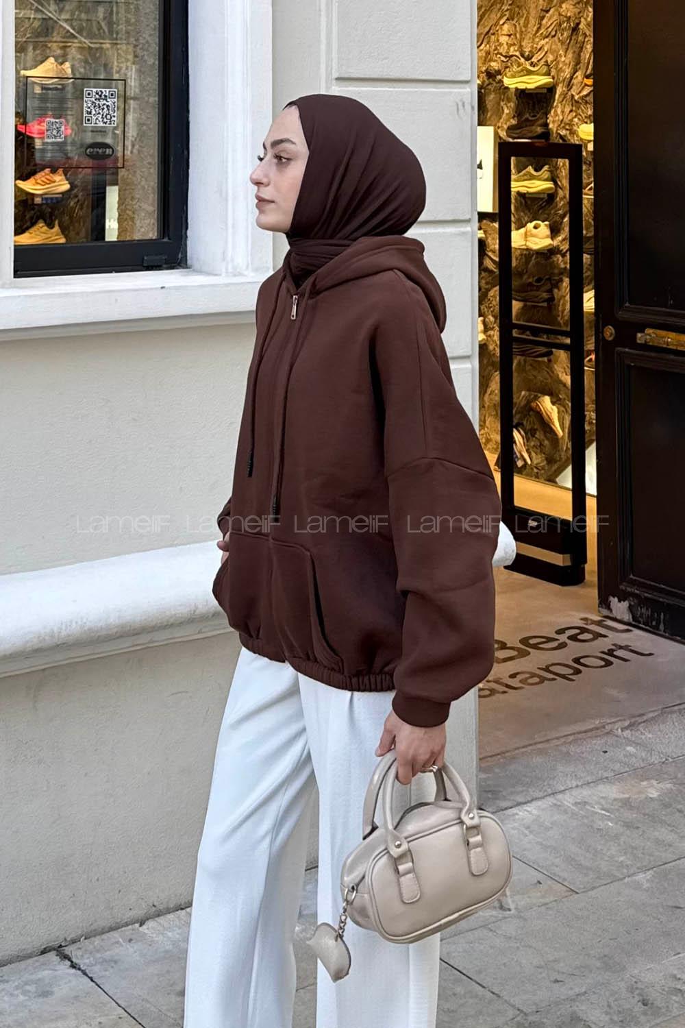 Lamelif Kanguru Cep Fermuarlı Sweatshirt Kahverengi