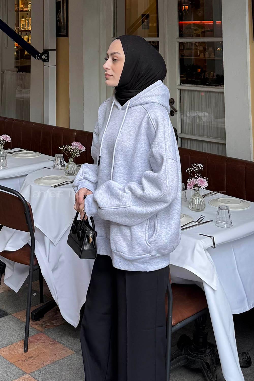 Lamelif Kapüşon Yaka Cepli Sweatshirt Gri