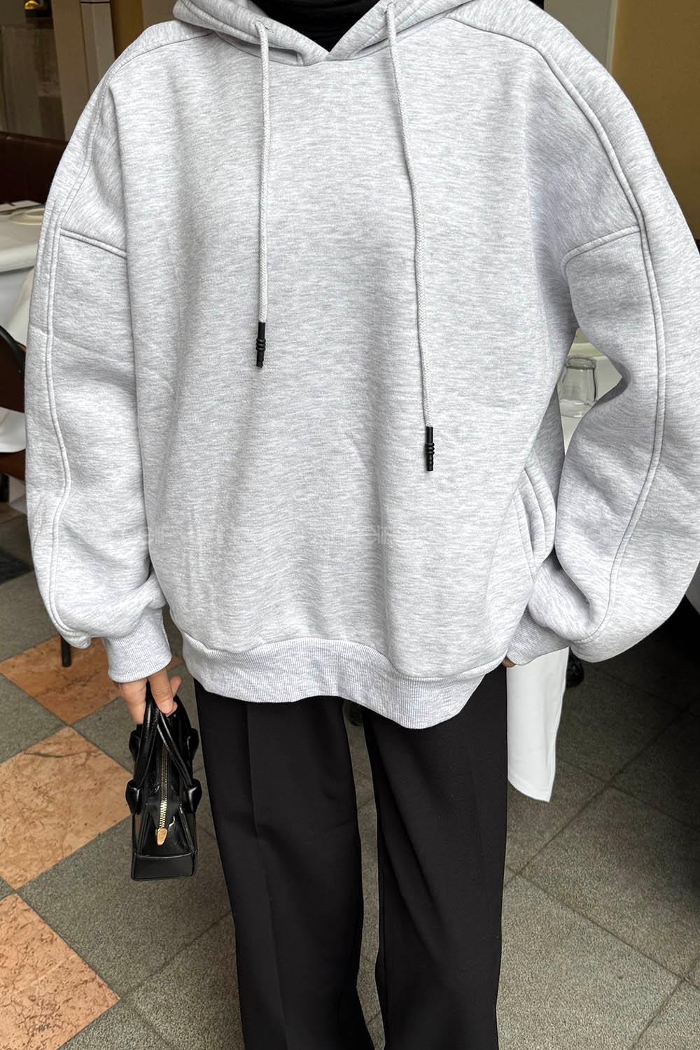 Lamelif Kapüşon Yaka Cepli Sweatshirt Gri